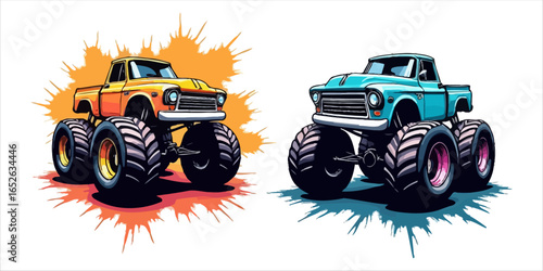 Vector art of two monster trucks isolated on white background