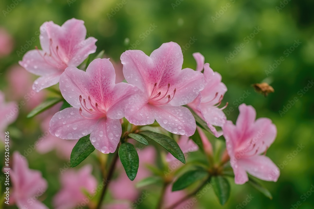 Droplets adorning vibrant azalea flowers after rain Droplets adorning vibrant azalea flowers after rain