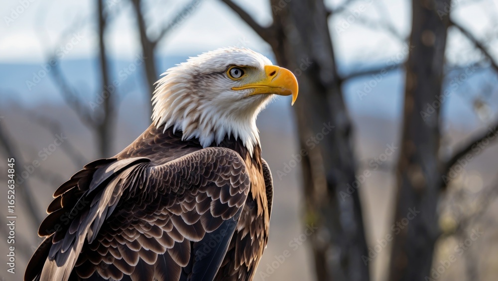 Obraz premium Adorable young bald eagle with a keen gaze, showcasing head and body