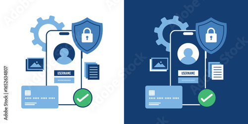 Secure online payment illustration with mobile screen, credit card icons in eps