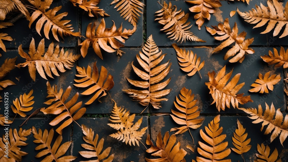 Naklejka premium Top-down view of autumnal dried fern leaves scattered on the floor