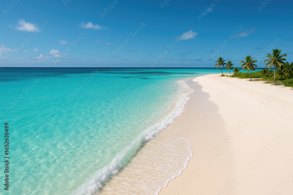 Fototapeta premium Overhead shot showcasing sparkling clear waters and soft white beaches on a summer tropical island