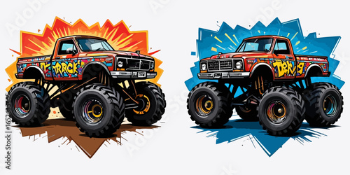 Vector art of two monster trucks on white background