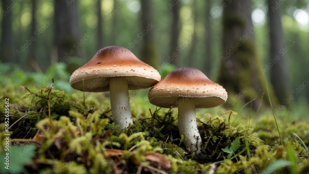 Moss-covered boletus in a lush summer woodland, detailed with ample background space Moss-covered boletus in a lush summer woodland, detailed with ample background space