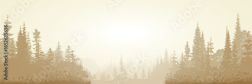 Forest in the morning mist, sepia tones, minimalistic landscape, vector illustration, panoramic view