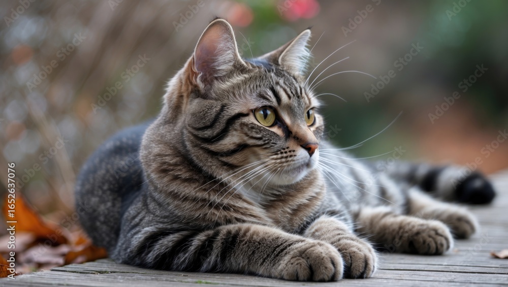 Fototapeta premium A horizontally resting striped cat with gray and brown fur peers into the distance.