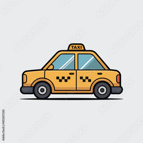 Yellow cartoon taxi cab with checkerboard pattern on white background transportation