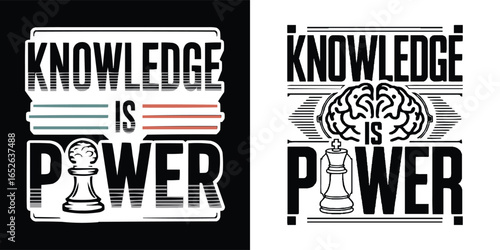 Knowledge is Power typography with chess pawn and brain illustration for education, motivation, and t shirt design