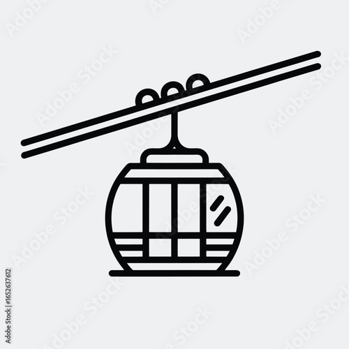 Black and white line art icon of a ski lift gondola on a cable car transportation