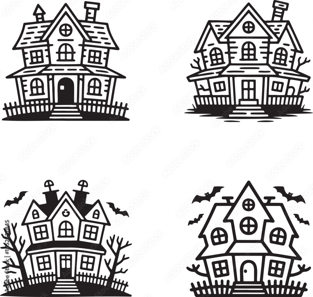 Fototapeta premium Set of Four Haunted House Icons Black Outline Vector Illustration Isolated on Transparent Background