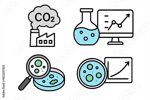 Scientific research icon set illustrating CO2 emissions, industrial pollution, microbiology with bacteria in a petri dish, and lab data analysis with a growth chart. Vector.