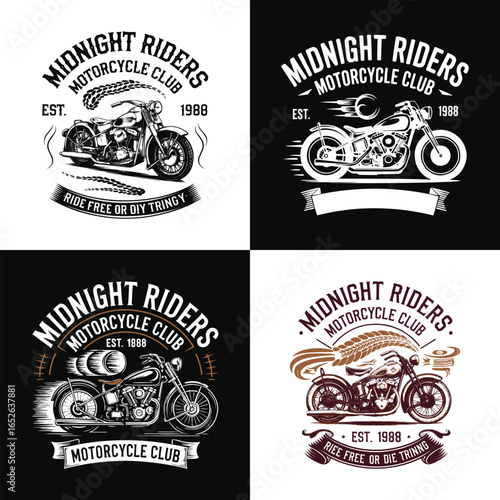 Midnight Riders Motorcycle Club vintage chopper emblem established 1988 with ride free or die trying slogan for biker t shirt design