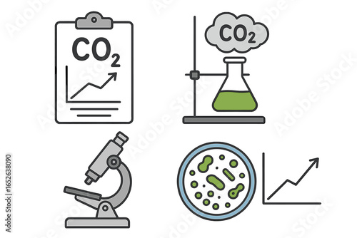 Laboratory research icon set. Carbon dioxide CO2 emissions chart, chemical flask, microscope, and microbial growth in a petri dish. Science, biology, climate change concept.