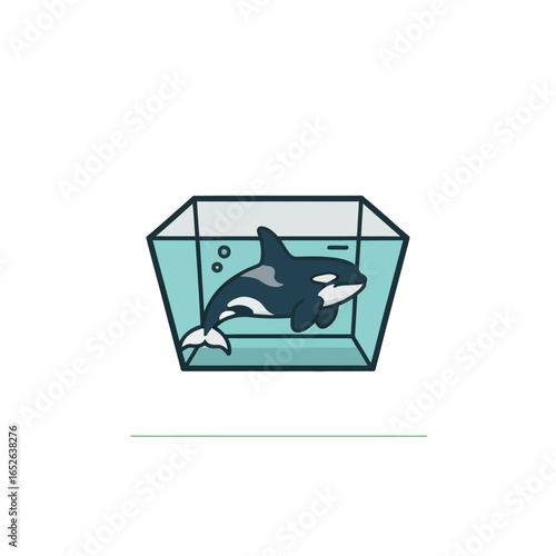 A simple illustration of a killer whale confined within a small, transparent glass aquarium.