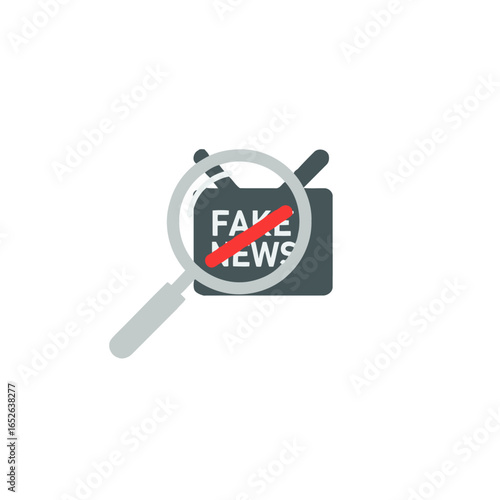 A magnifying glass inspects a television screen with the words "Fake News" crossed out, symbolizing fact-checking.