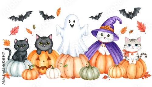 Wallpaper Mural Adorable Halloween Kittens on Pumpkins with Ghost and Bats Torontodigital.ca