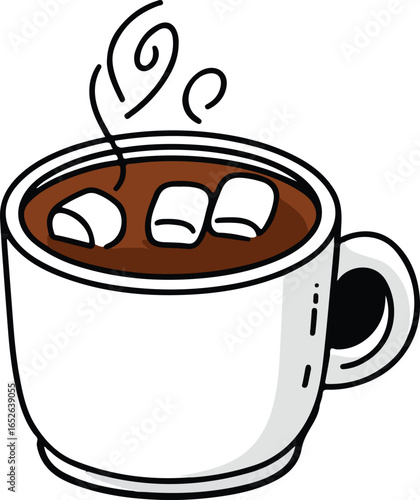 Hand drawn illustration of a steaming mug of hot chocolate with marshmallows and curly steam lines on a white background style vector illustration EPS file download
