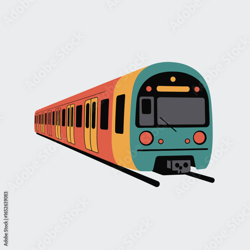 Colorful stylized subway train moving on tracks on a white background public transport
