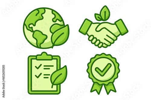 Sustainability icon set. Eco-friendly symbols for green business. Vector collection of planet earth, handshake agreement, certification checklist, quality approved badge.