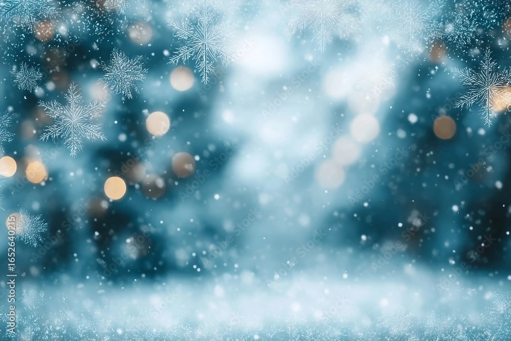 Fototapeta premium Christmas blurred background with snowflakes. Defocused Christmas tree. Abstract blurred soft blue beautiful glowing blinking bokeh