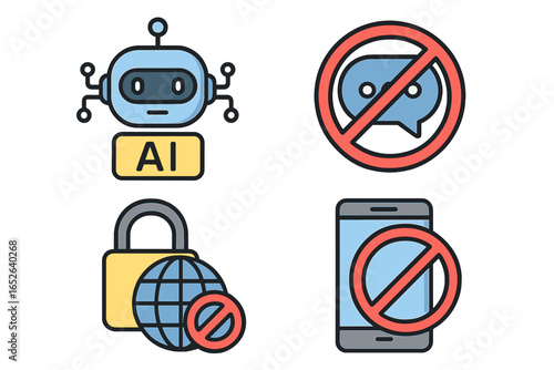 Vector icons for technology restriction and digital privacy. Set includes AI robot, no chat, internet censorship, and no smartphone. Concept for data security and communication ban.