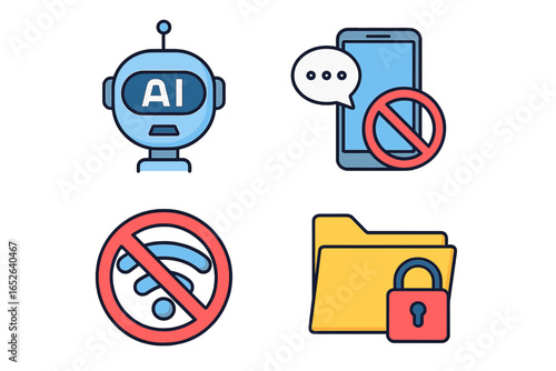 Cybersecurity and digital privacy concept icon set. Vector cartoon illustration of AI robot, communication censorship, no wifi internet, and secure folder with padlock.