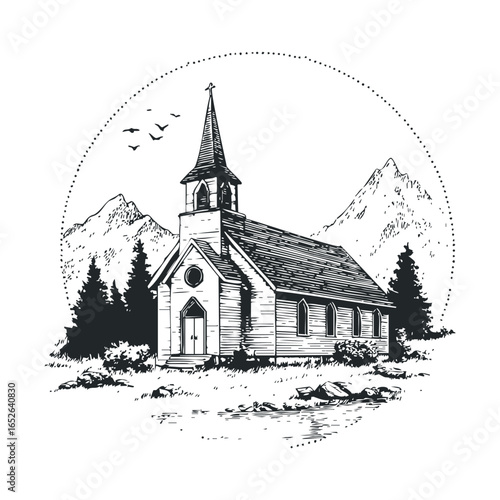 Scenic view of a rustic church nestled among mountains and trees