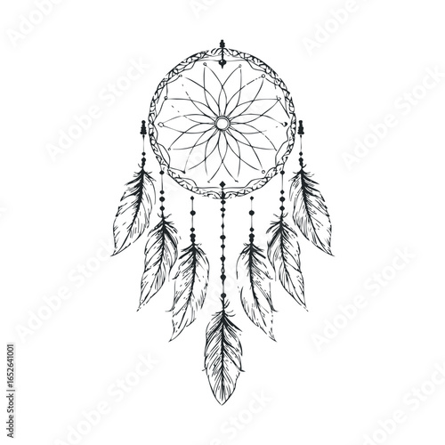 Dream catcher design with intricate patterns and feathers