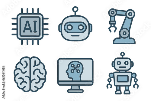 Artificial intelligence icon set. AI technology, machine learning, and robotics concepts. Vector symbols of robot, brain, CPU chip, and industrial automation arm. Future tech.