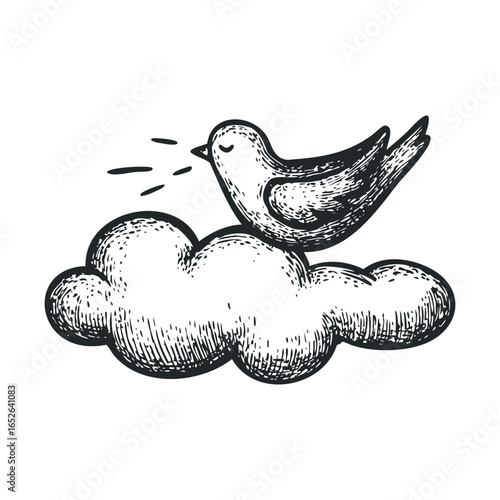 Bird singing on a fluffy cloud in a dreamy sky illustration