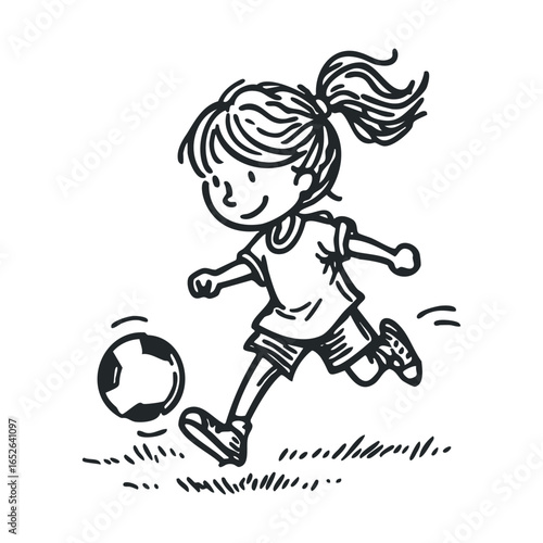 Young girl enjoys playing soccer outdoors during sunny afternoon