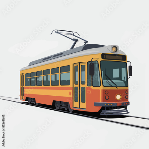 Yellow and orange tram on railway tracks with white background streetcar public transport
