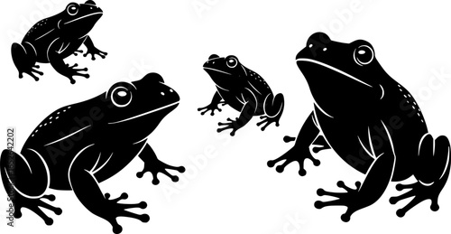 Black Silhouette Frogs Illustration, Simple Vector Art, White Background