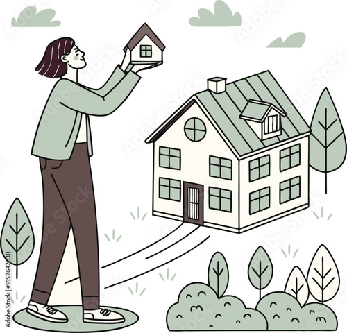 Woman Holding Small House Model Next to Large House Illustration