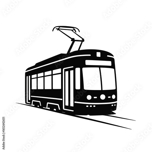 Black and white illustration of a tram on tracks with pantograph raised streetcar