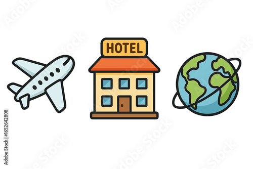 Set of travel icons for tourism and vacation themes. Vector cartoon illustration of an airplane for flight, a hotel for accommodation, and a globe for world exploration.