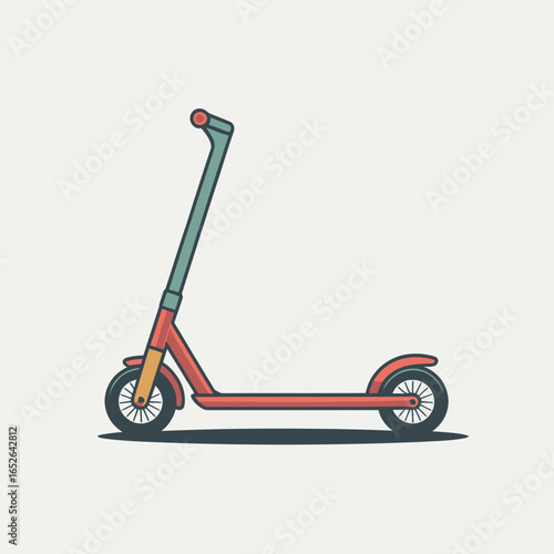 Colorful kick scooter with red frame and teal handle on white child transportation