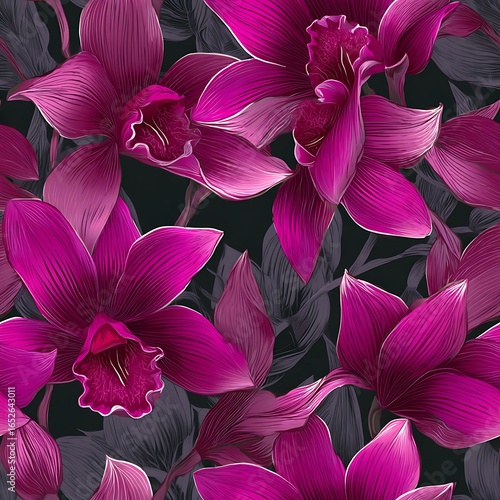 Seamless pattern of vibrant magenta orchids on a dark background design