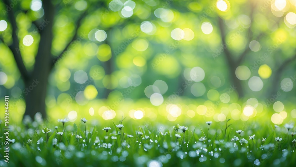 Obraz premium Spring-themed abstract background showcasing vibrant greenery and out-of-focus woodland or bokeh visuals