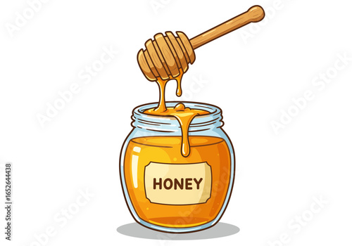 Honey Jar with Wooden Dipper and Dripping Golden Honey | Sweet Natural Food Clipart | Organic Bee Product | Cartoon Vector for Label, Logo, Design