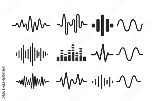 Sound wave icon set. Vector audio waveform collection. Music pulse, equalizer bar graph, voice frequency signal, radio wave. Soundwave rhythm and amplitude symbol.