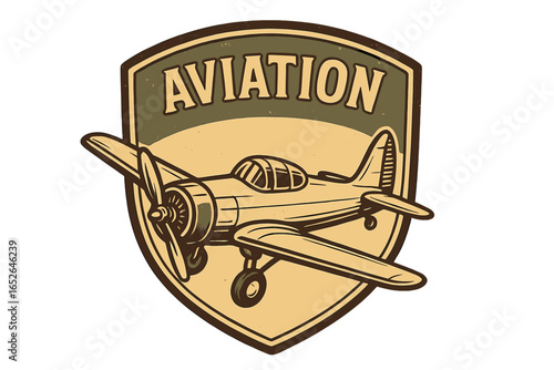 Vintage aviation emblem with a classic propeller airplane on a shield. Retro air force patch design, pilot club logo, or flight school icon. Historic military aircraft vector.