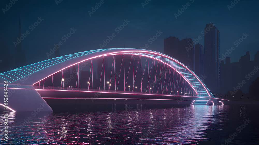 Naklejka premium Illuminated Bridge at Dusk: A stunning neon-lit bridge, with its graceful arch reflecting serenely in the tranquil waters below, stands as a testament to modern architectural beauty.