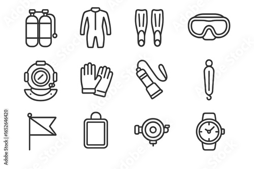 Scuba diving equipment icons set: tanks, suit, fins, mask, gloves, watch