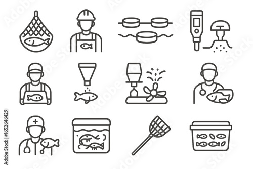 Aquaculture industry icons: fish farming, equipment, and process outlines