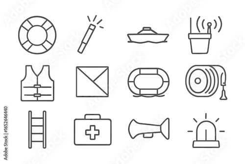 Emergency safety and rescue equipment icons on metallic background