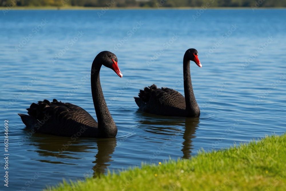 Obraz premium Graceful black swans drifting on a serene waterbody in a southwestern Australian wetland in springtime, exuding elegance and beauty.
