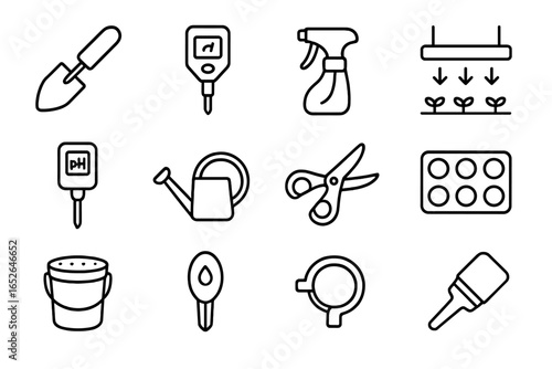 Gardening tools icons set: watering can, trowel, pruner, planting equipment