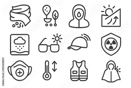 Safety icons: protective gear and environmental hazard symbols