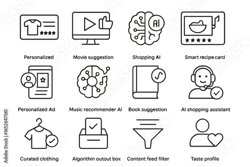 Ai technology icons: shopping, movie suggestions, personalized features
